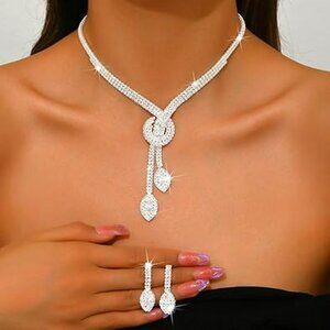 Silver Rhinestone Jewelry Set Crystal Necklace Earrings Set Formal Prom Fancy